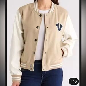 True Religion Beige and Ivory Varsity Jacket